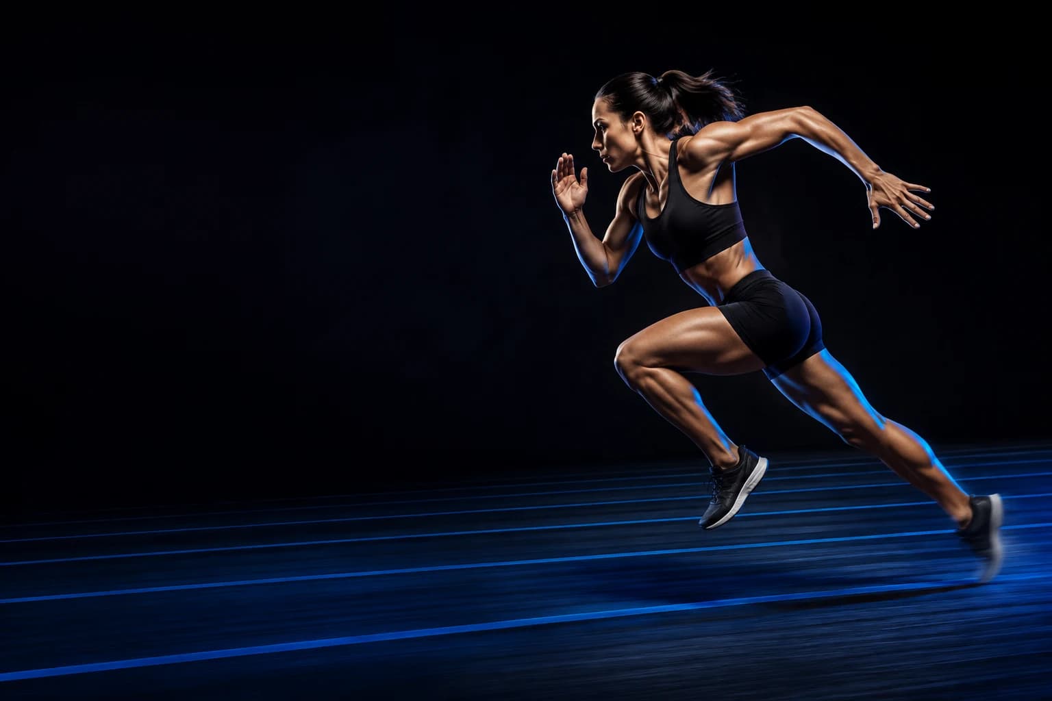 Illustrated campaign photograph of a sprinter on a dark track